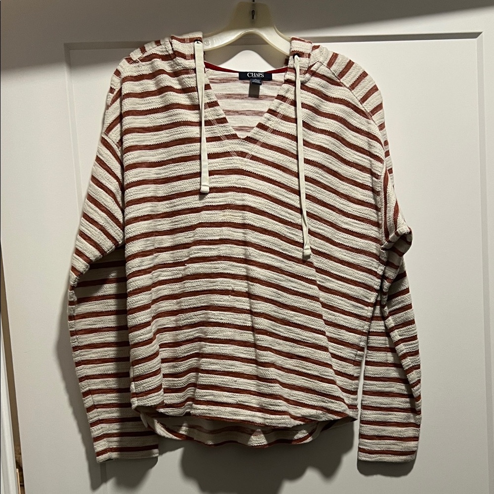 Chaps Red and White Striped V-Neck Sweater